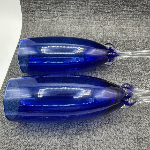 Cobalt Blue Glass Champagne Flutes Clear Tulip Ornate 4 Sided Stem Lot of 2 8" - Picture 11 of 11